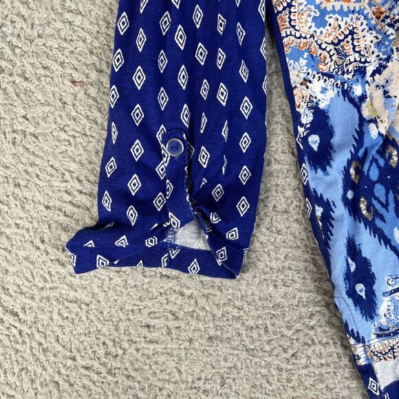 Chico's Blouse Womens 2 Blue Paisley Large Short Sleeve Roll Tab Pullover V Neck - Picture 4 of 10